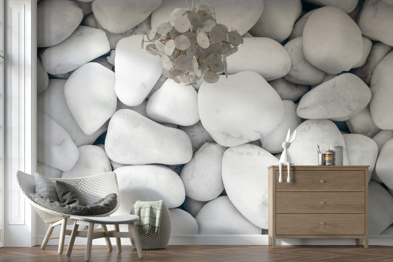 Realistic white pebble wall mural creating a soft, organic aesthetic.