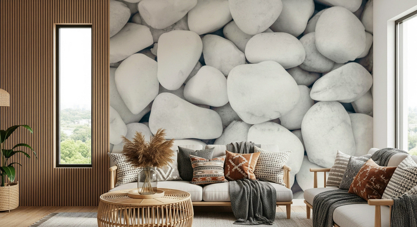White Pebble Dream Wall Mural featuring smooth white pebbles for a serene, natural look.
