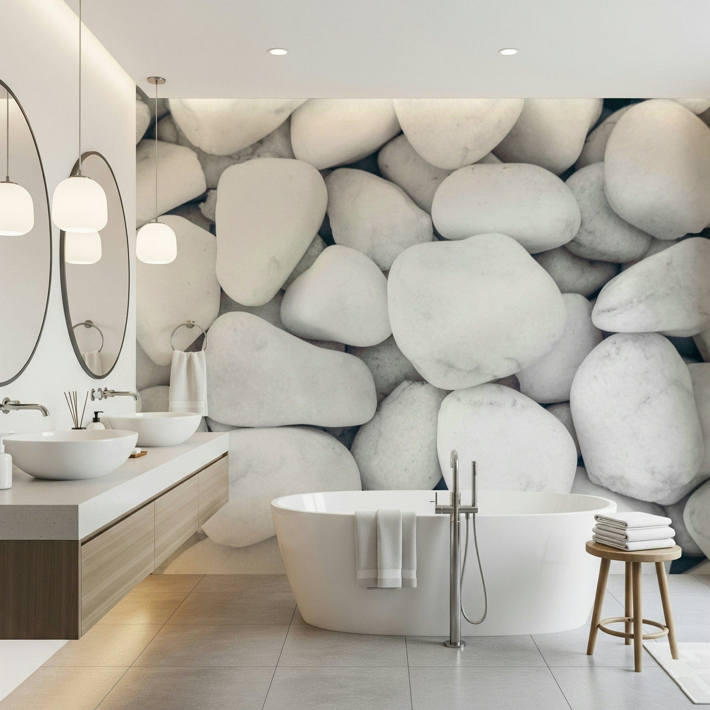 White Pebble Dream wallpaper mural on the accent wall behind a freestanding tub in a modern wood-and-white bathroom