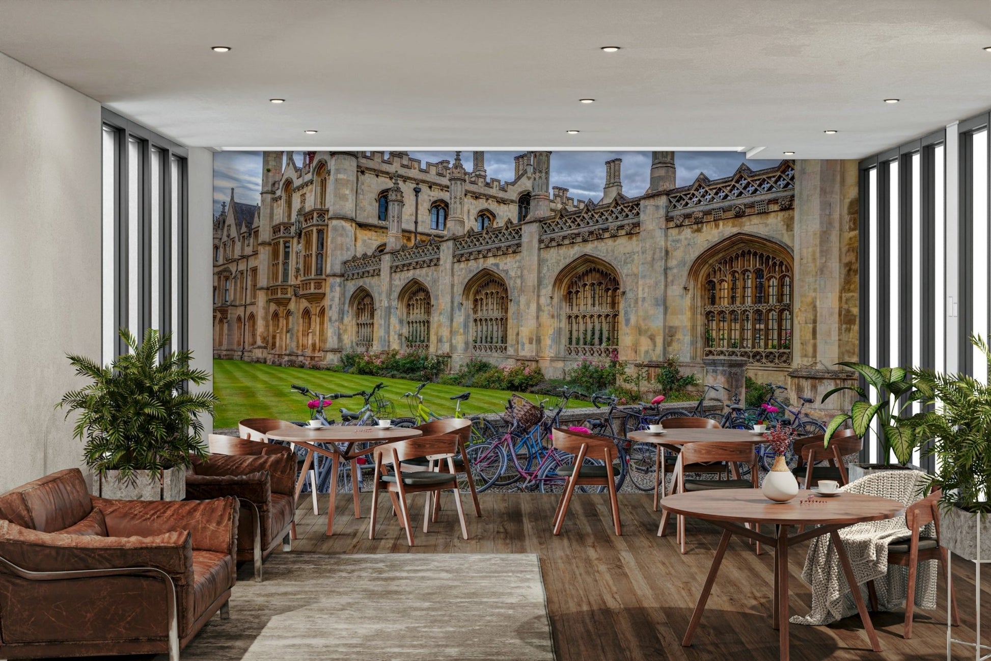 A photo-realistic wall mural of a street scene in Cambridge, England.

