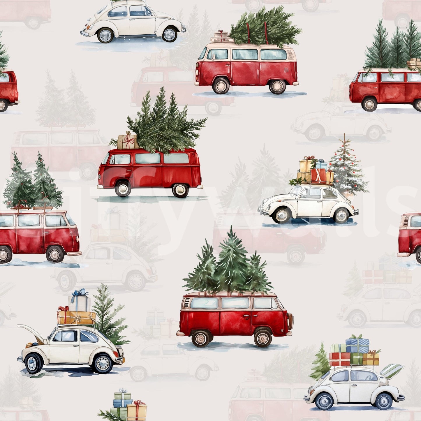 Camionette wallpaper close-up showing red vans and cream Beetles topped with Christmas trees and wrapped gifts