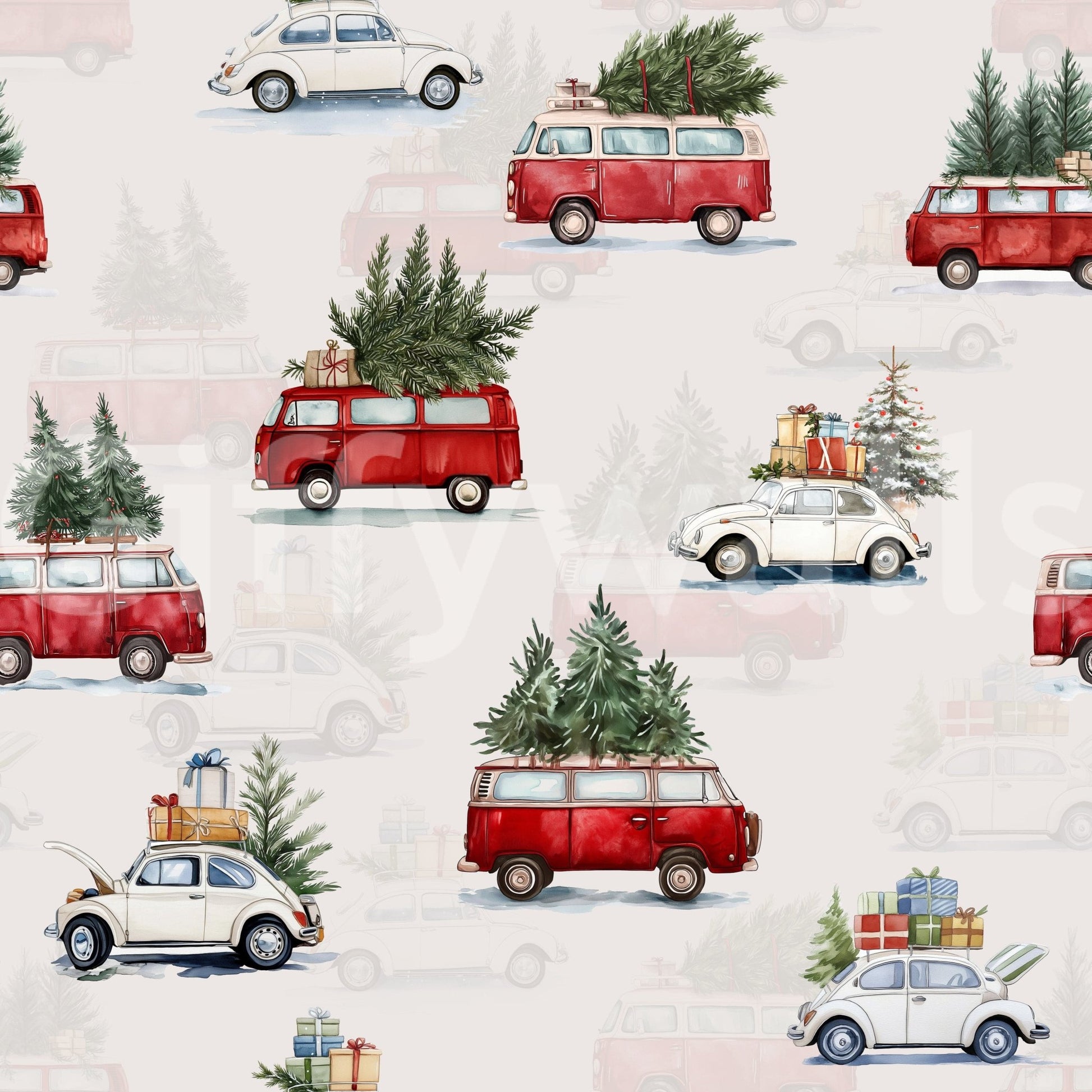 Camionette wallpaper close-up showing red vans and cream Beetles topped with Christmas trees and wrapped gifts