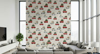 Retro transport-themed wallpaper with hand-drawn mini truck illustrations in soft tones.