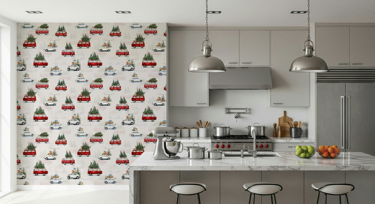 Camionette wallpaper of red vans carrying Christmas trees on a kitchen feature wall with grey cabinets and island