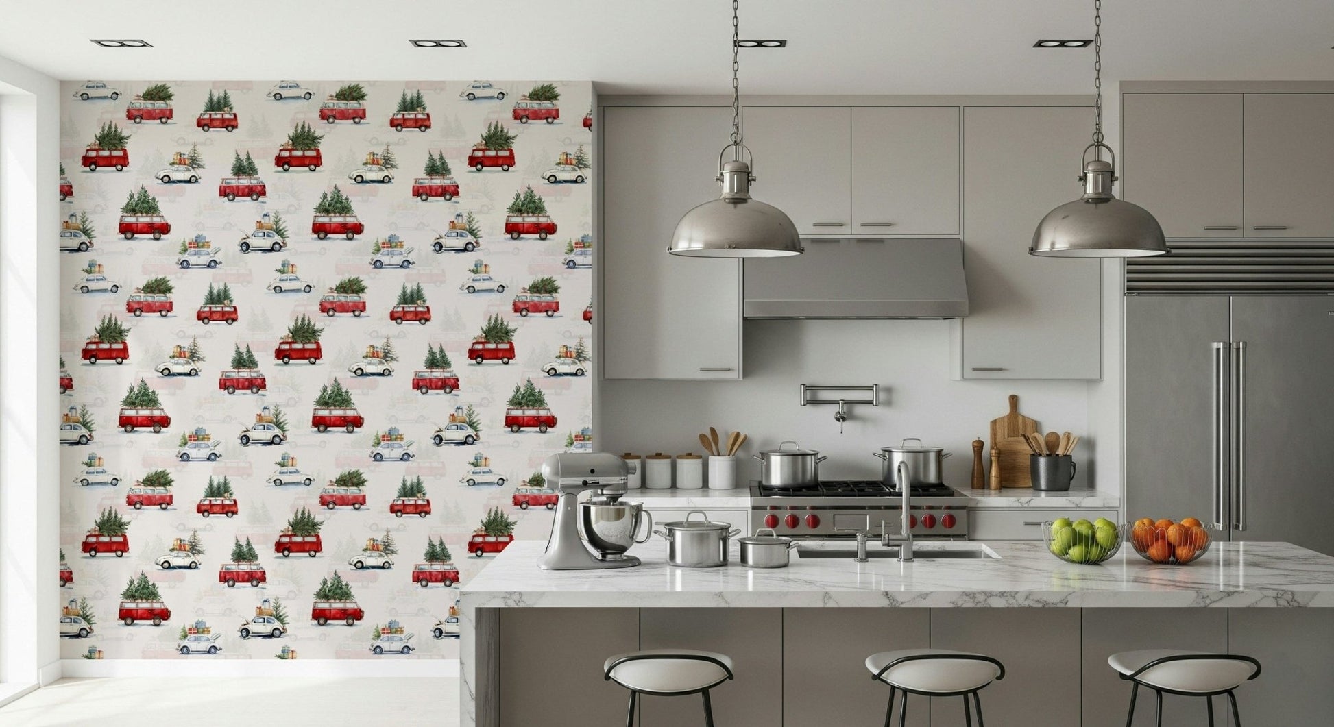 Camionette wallpaper of red vans carrying Christmas trees on a kitchen feature wall with grey cabinets and island