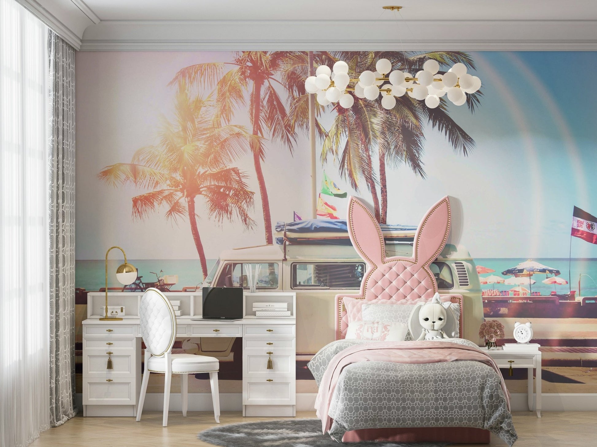 Cozy camper van design mural for a relaxed, boho feel.

