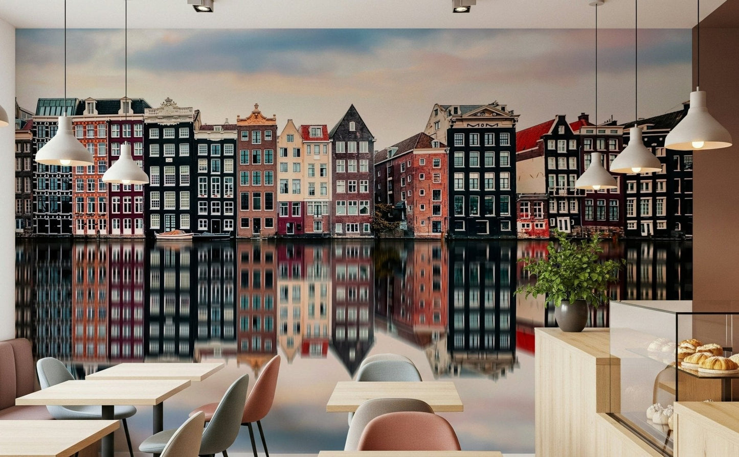 Canal City Calm Wall Mural in soft blue tones, peaceful city wallpaper for a living room wall