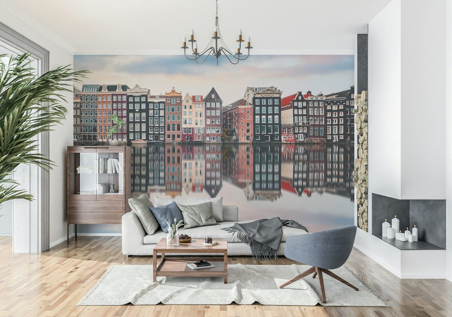 Canal City Calm Wall Mural in neutral palette, relaxing city wallpaper for reading corner