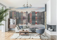 Canal City Calm Wall Mural in neutral palette, relaxing city wallpaper for reading corner