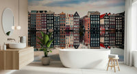 Canal City Calm Wall Mural featuring calm waterfront streets, timeless city wallpaper style