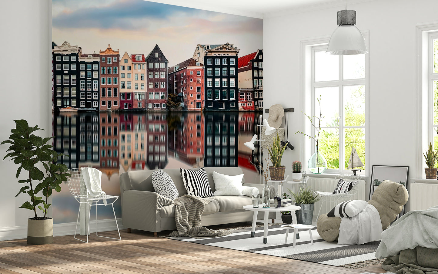 Canal City Calm Wall Mural in neutral palette, relaxing city wallpaper for reading corner