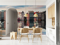 Canal City Calm Wall Mural with muted skyline and canal, minimal city wallpaper for hallway
