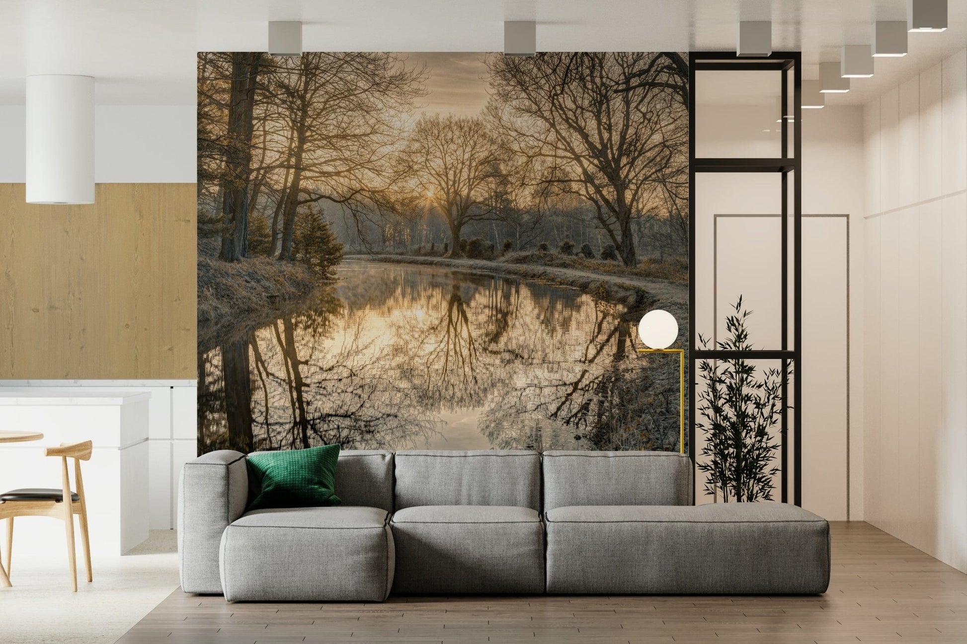 Canal Sunrise wallpaper, frosted grass, mirror surface water.