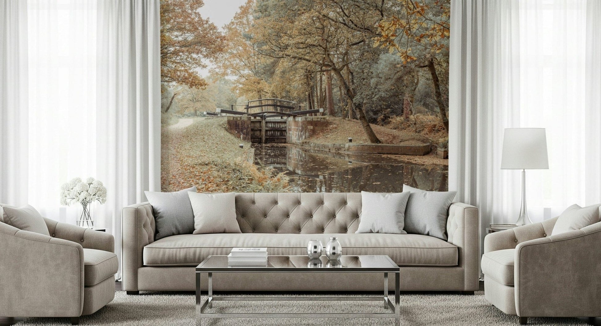 Home office wall with canal mural, modern decor in blue, beige and grey