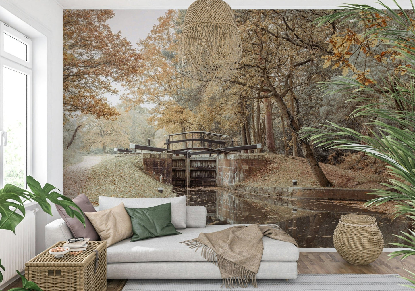 Nursery feature wall with gentle canal mural, soft color palette and minimal style