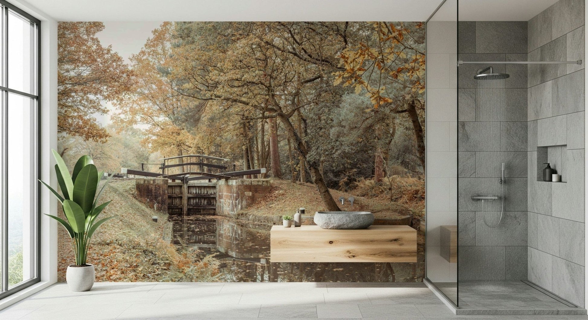 Serene canal wall mural behind sofa, modern apartment wall decor in blue tones