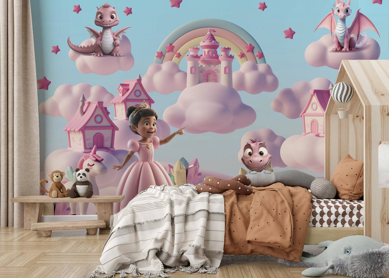 A cheerful wall mural with a whimsical, fantasy design.

