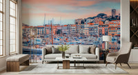 Elegant wall mural of Cannes coastline with soft color palette