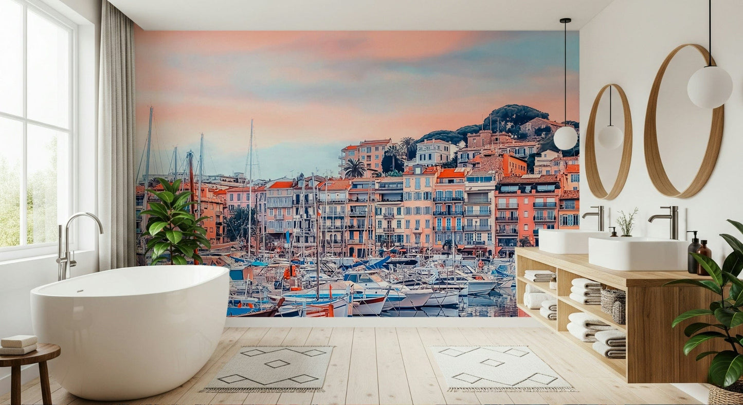 Cannes Vista mural design showing hillside homes and blue waters