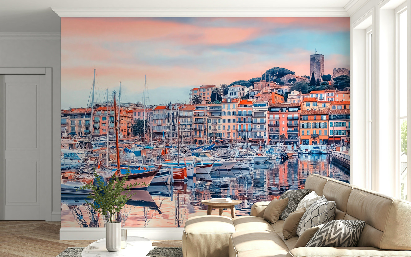 French Riviera inspired wall mural with Cannes city waterfront scenery