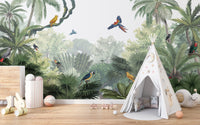 Canopy Jungle Natural Tropical wallpaper mural in a kids room with a white teepee tent and wooden dresser