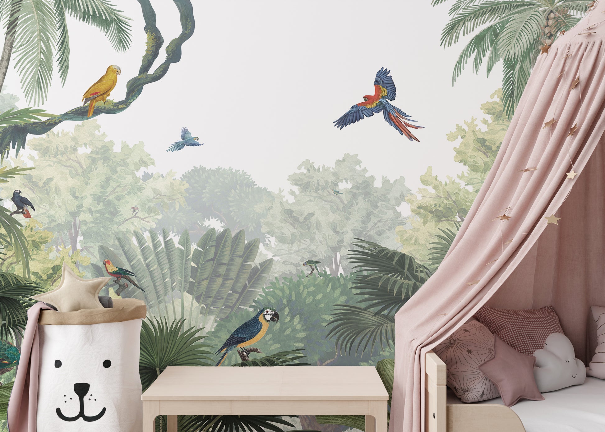 Canopy Jungle Natural Tropical wallpaper mural by a pink canopy bed with cloud cushions and play table