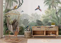 Canopy Jungle Natural Tropical wallpaper mural behind a rattan hanging swing chair and wooden sideboard