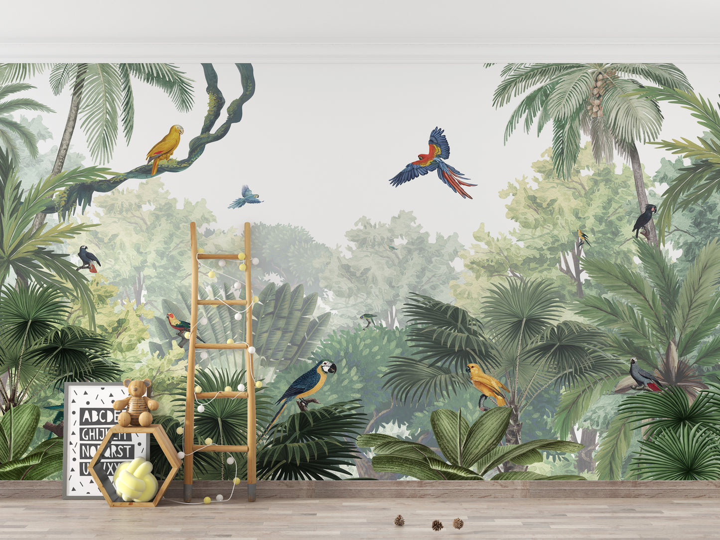 Canopy Jungle Natural Tropical wallpaper mural with macaws beside a wooden ladder shelf and ABC poster