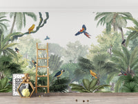 Canopy Jungle Natural Tropical wallpaper mural with macaws beside a wooden ladder shelf and ABC poster