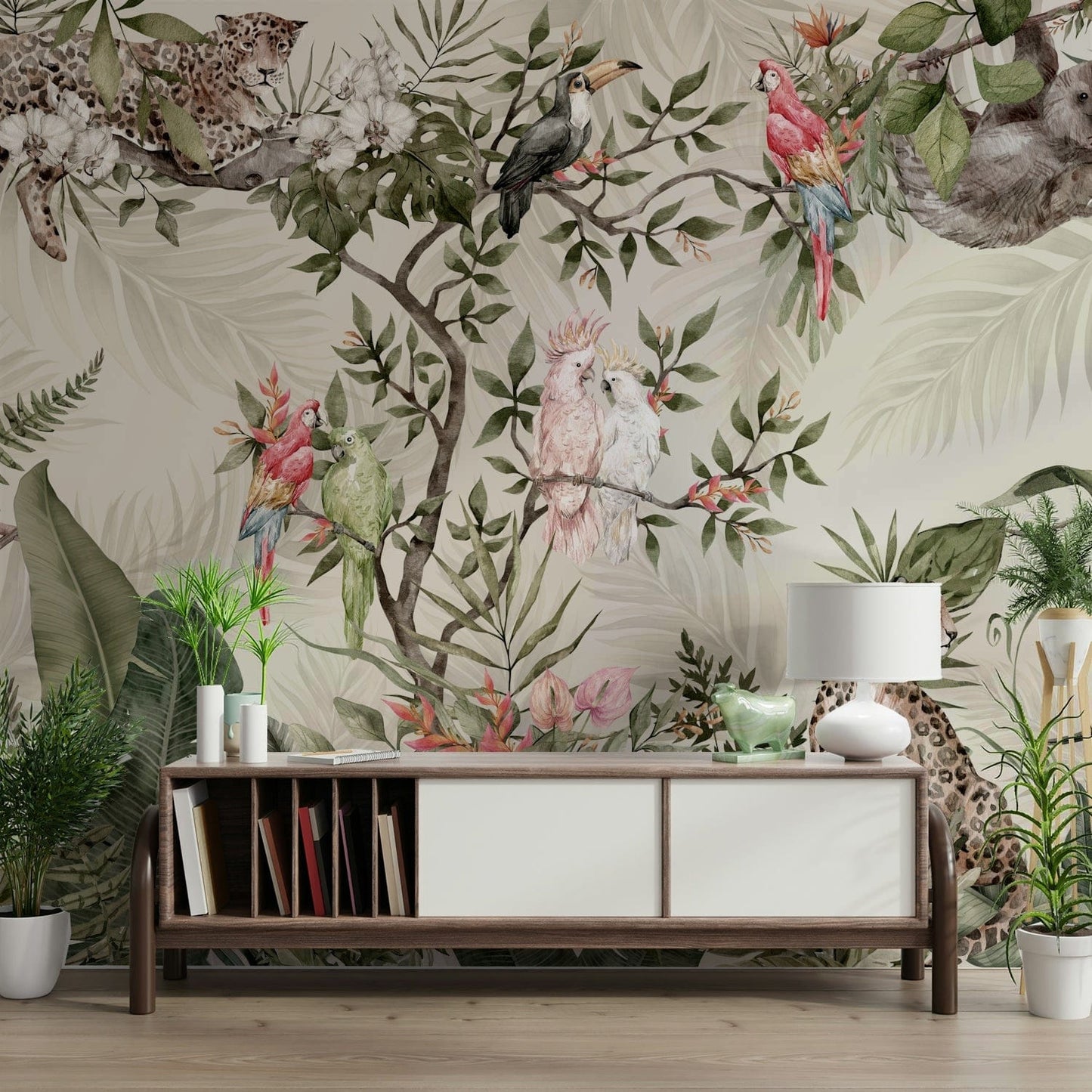 A peaceful wall mural with an organic, botanical design.

