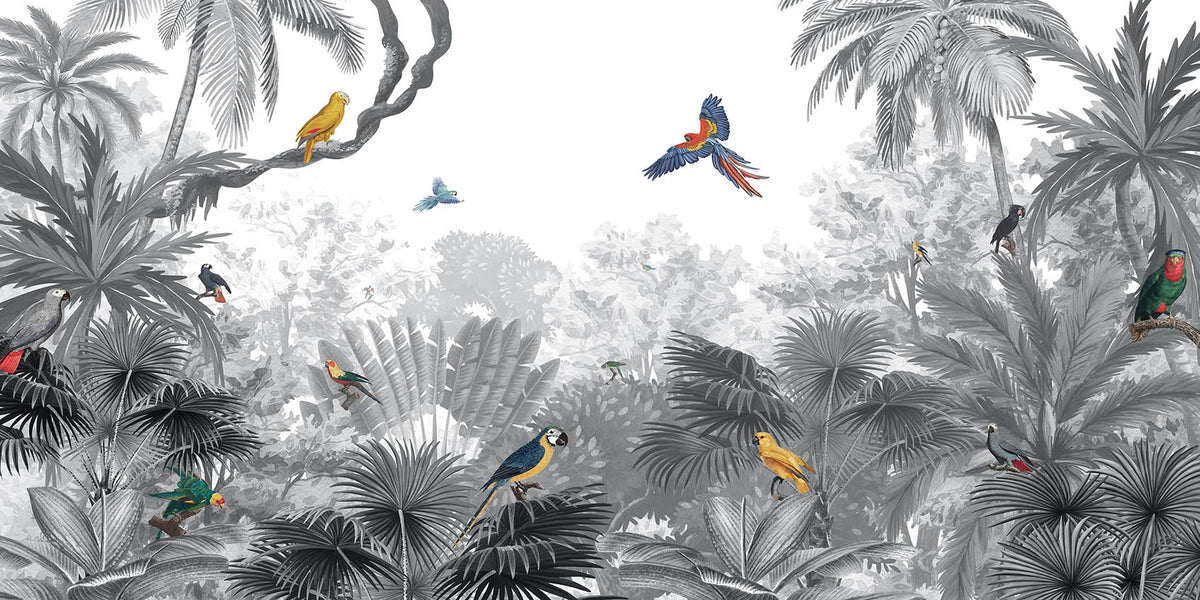 Monochrome Tropical Jungle Birds Wallpaper in your room — zoomed