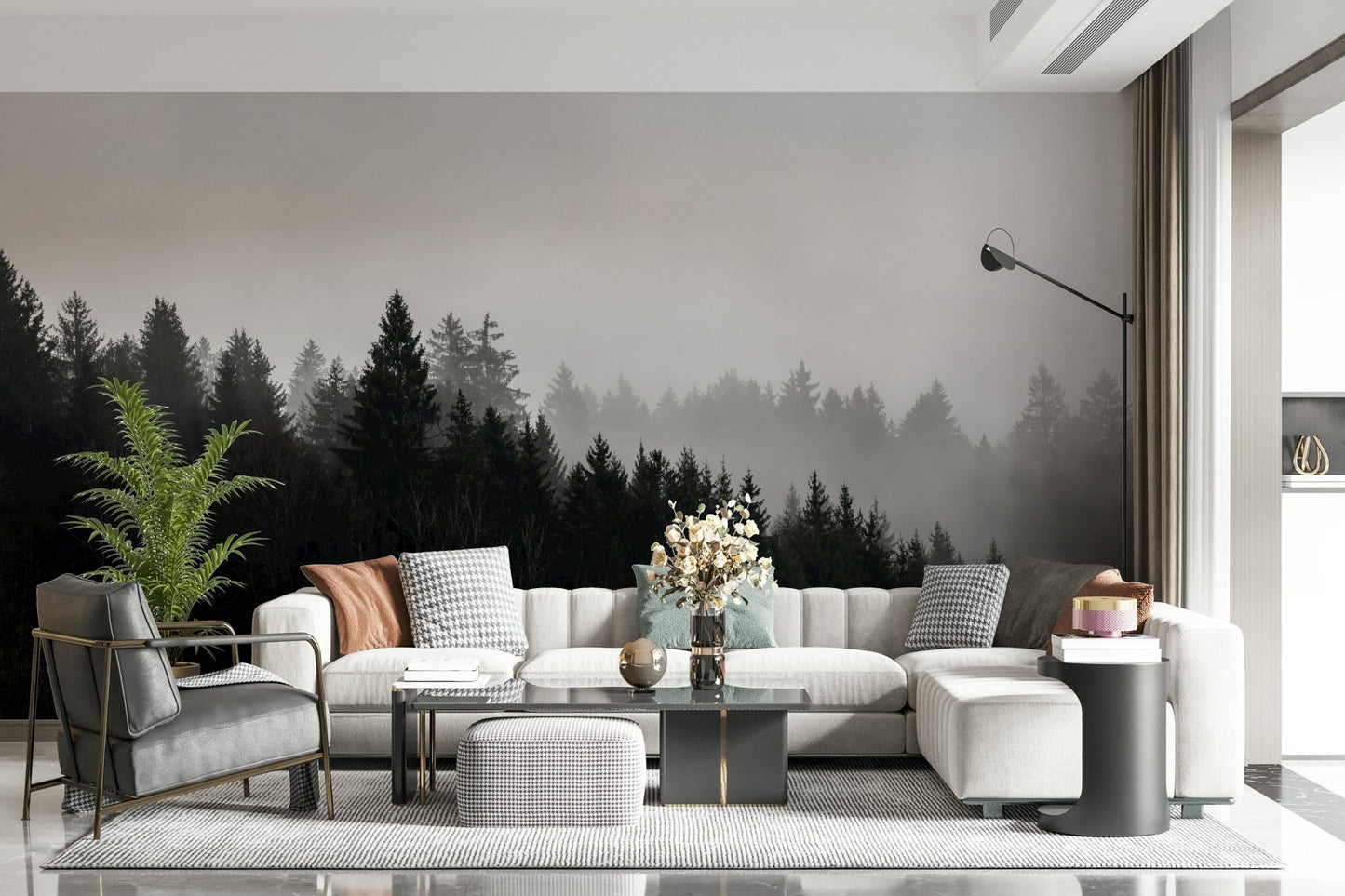 Captivating fog and shadowy pines, a Canyon Woodland Haze mural.