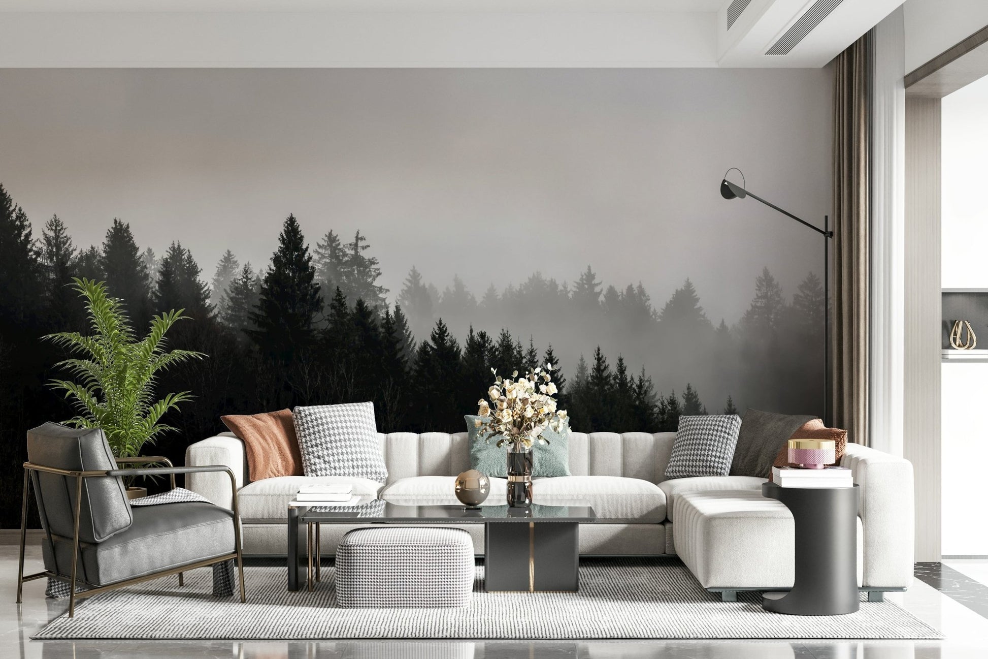 Captivating fog and shadowy pines, a Canyon Woodland Haze mural.