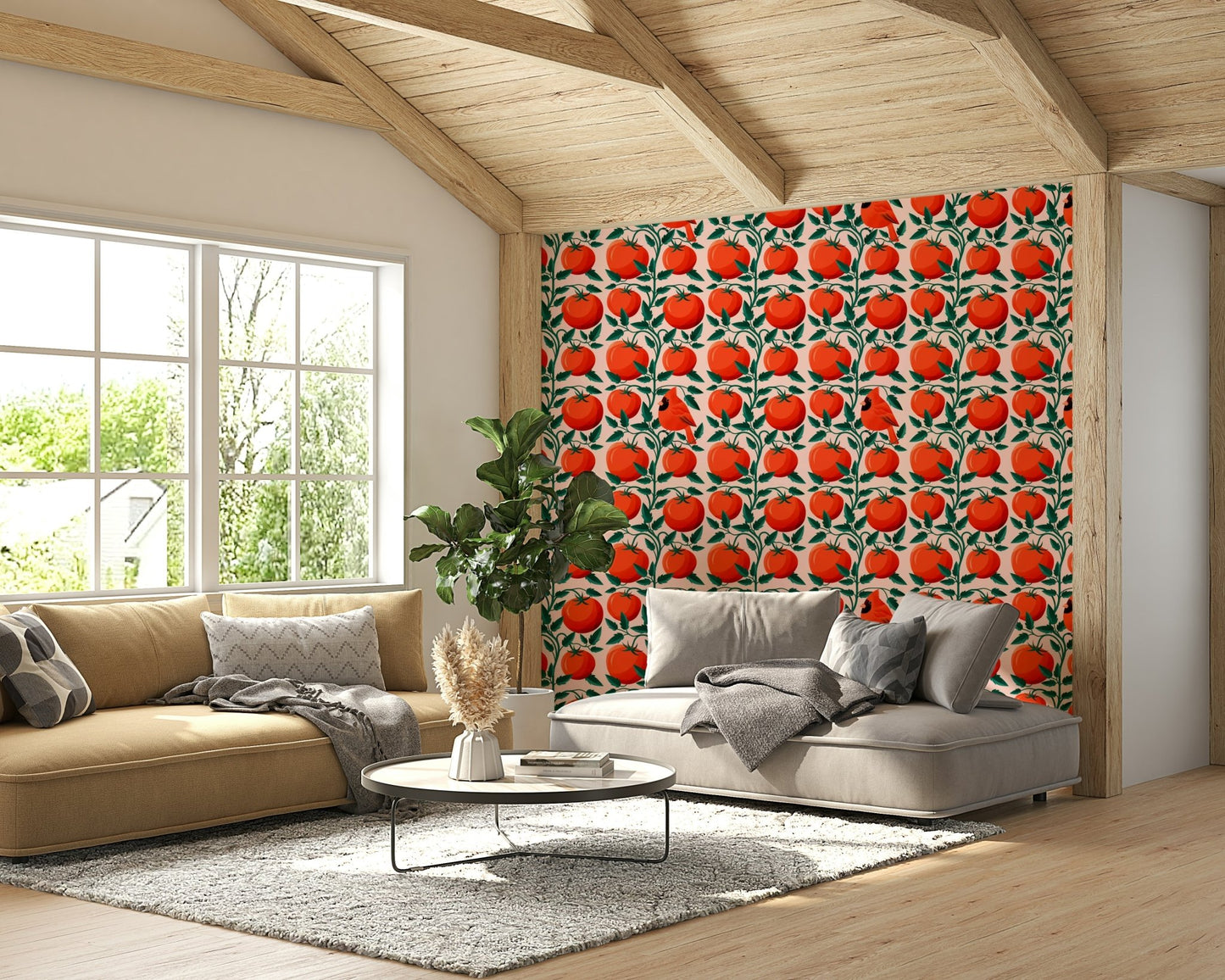 Tomato garden mural wallpaper with cardinal

