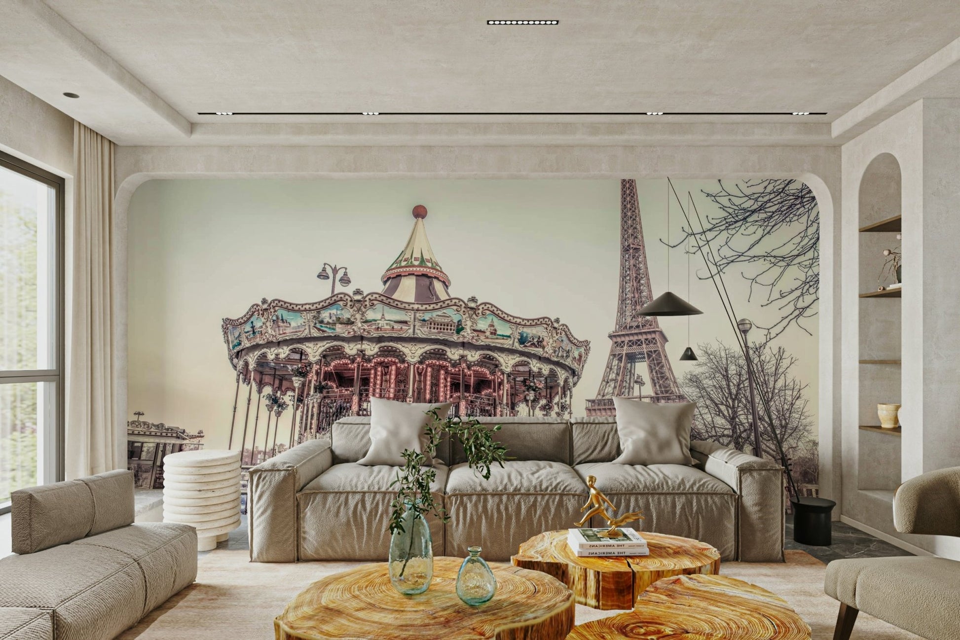 Elegant Eiffel Tower and carousel mural wallpaper for walls.

