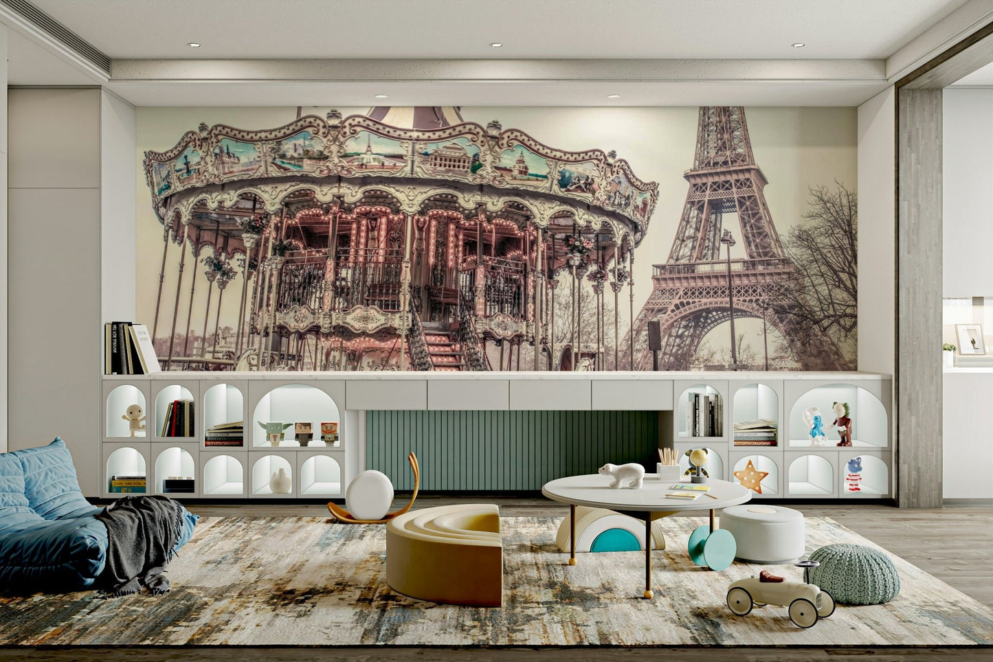 Paris carousel with the Eiffel Tower in the background mural.

