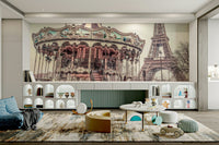 Paris carousel with the Eiffel Tower in the background mural.

