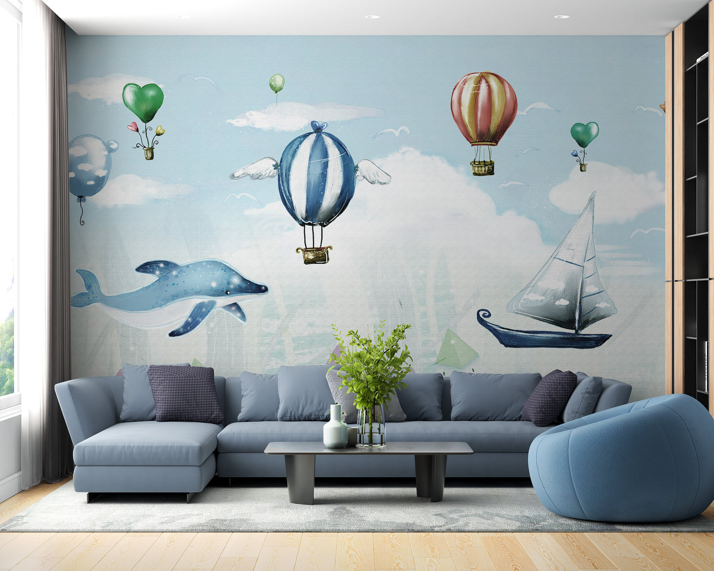 Hot Air Balloon Kids Room wallpaper mural styled along a hallway feature wall near a console in a multicolour palette