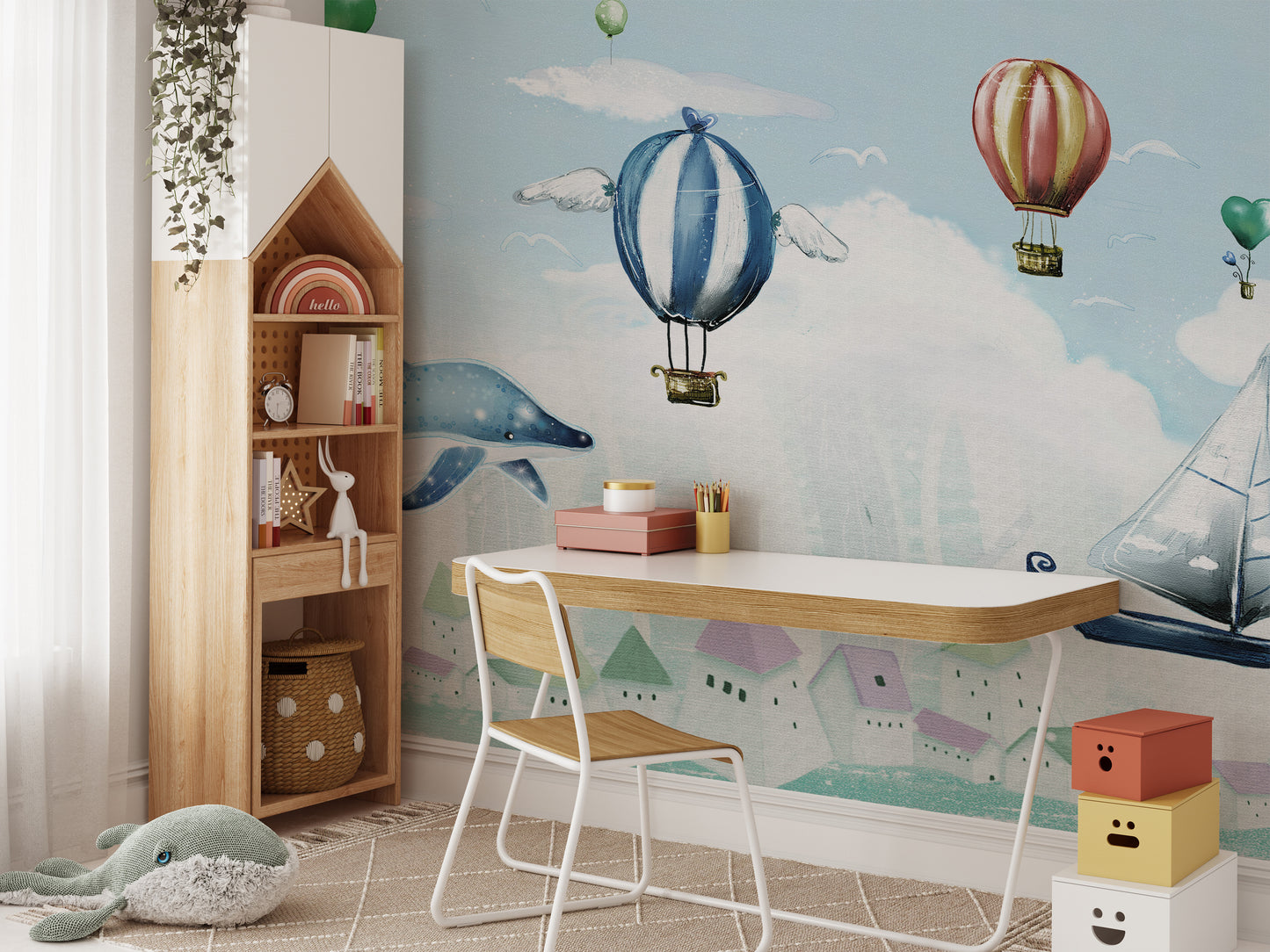 Hot Air Balloon Kids Room wallpaper mural as a feature wall in a home office workspace in a multicolour palette