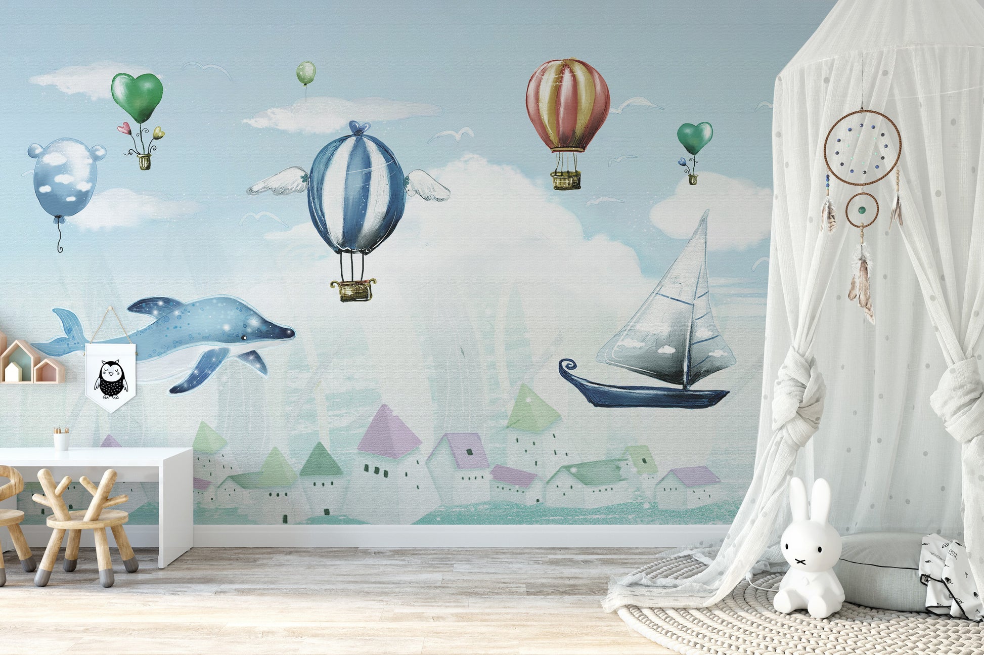 Hot Air Balloon Kids Room wallpaper mural as a bedroom feature wall behind the headboard in a multicolour palette
