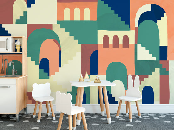Cartoon Maze Abstract Multicolor Kids Room wallpaper shown as a full feature wall that highlights the design