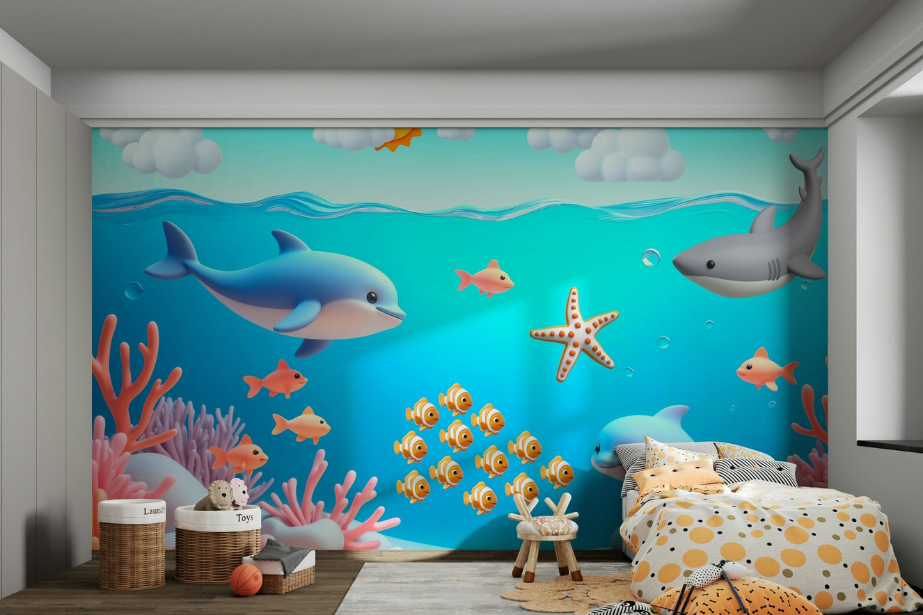 A cheerful wall mural with a whimsical, underwater design.

