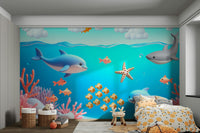 A cheerful wall mural with a whimsical, underwater design.

