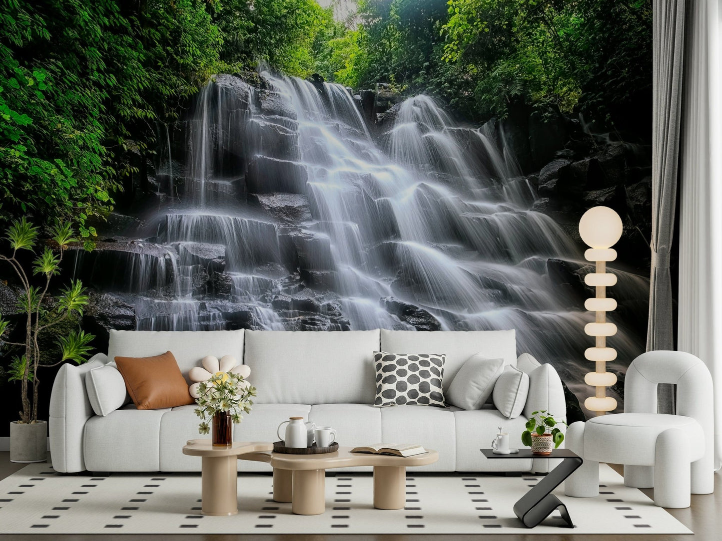Flowing water stone tiers Cascading Serenity wall mural.