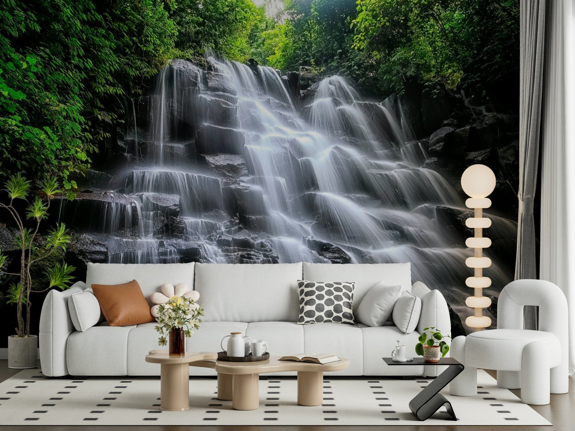 Flowing water stone tiers Cascading Serenity wall mural.