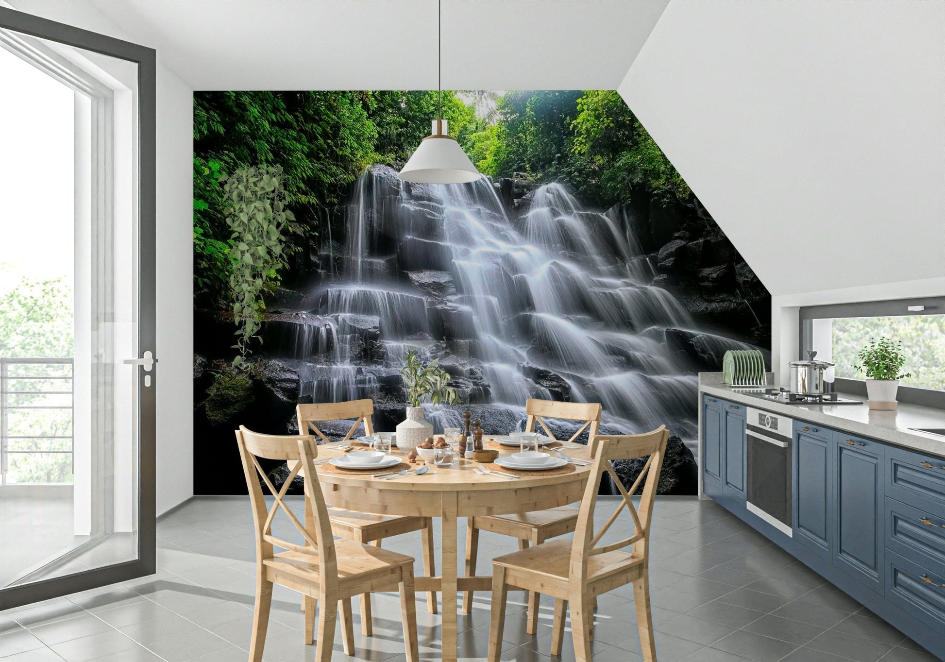 Rainforest oasis Cascading Serenity peel and stick wallpaper.