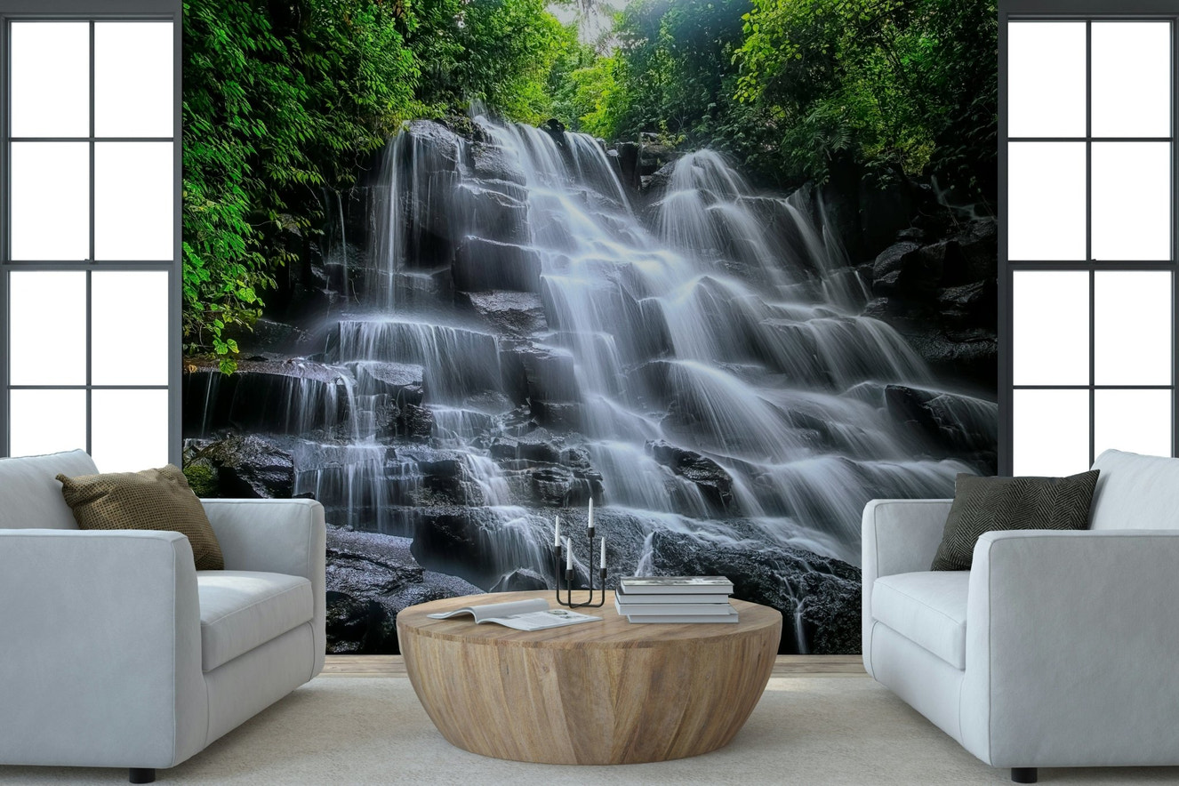 Cascading Serenity jungle waterfall wallpaper for walls.