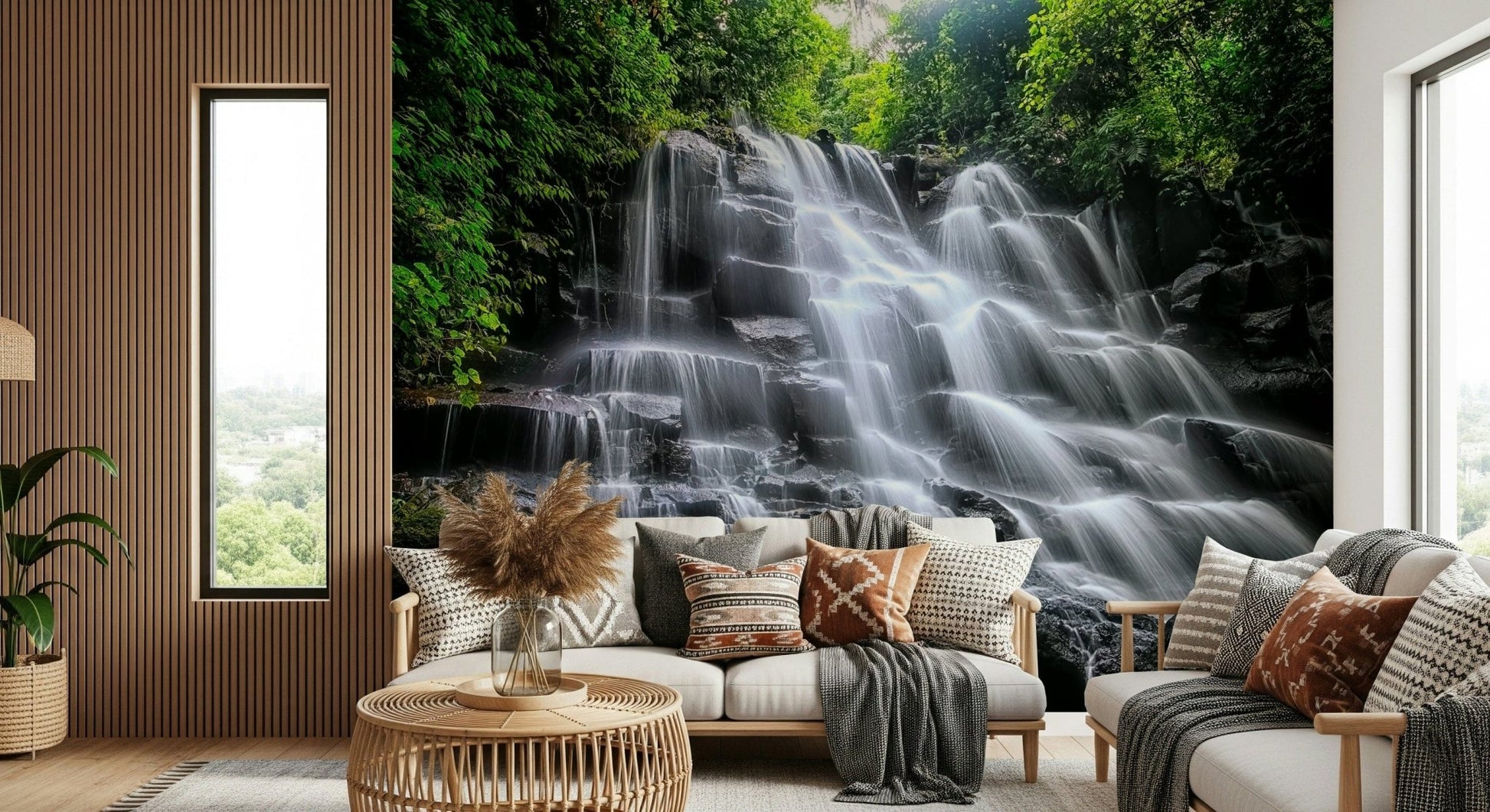 Zen outdoor vista Cascading Serenity peel and stick wallpaper.