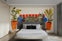 Cat Nap Wall Mural with watercolor sofa illustration


