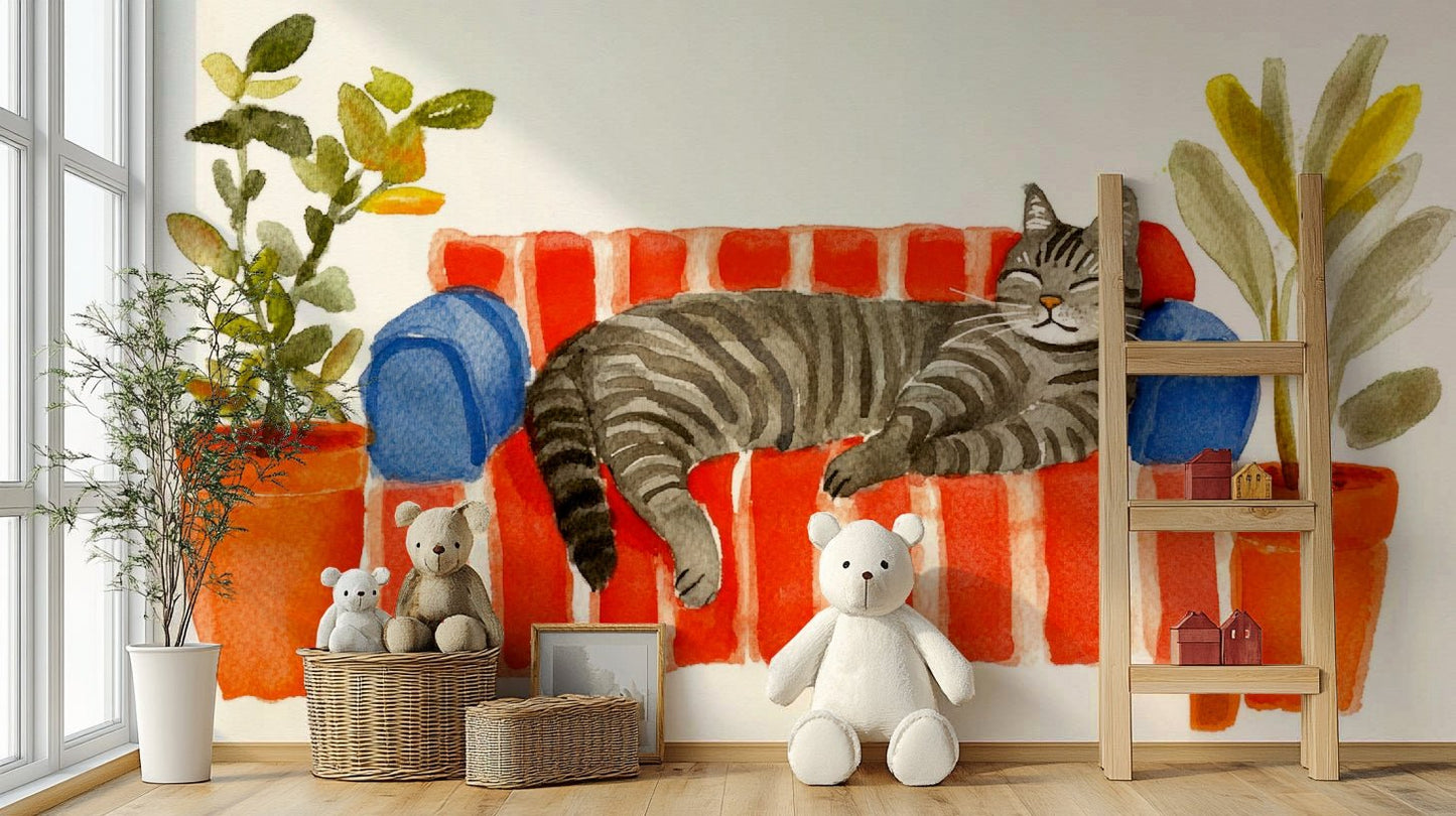 Watercolor illustration of nap-time feline on sofa

